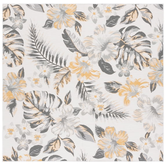 SAFAVIEH Sunrise Cole Floral Reversible Indoor/Outdoor Area Rug, Ivory/Grey Gold, 6'7" x 6'7" Square