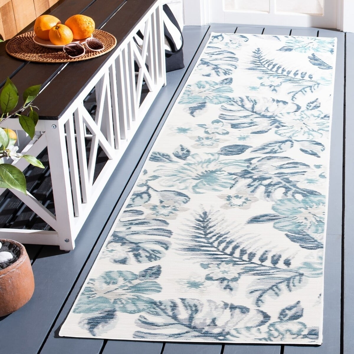 SAFAVIEH Sunrise Cole Floral Reversible Indoor/Outdoor Runner Rug, Ivory/Blue Grey, 2' x 8'