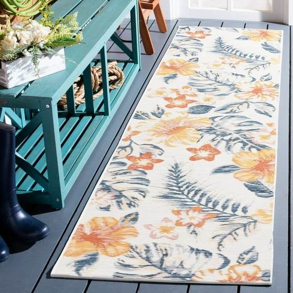SAFAVIEH Sunrise Cole Floral Reversible Indoor/Outdoor Runner Rug, Ivory/Rust Blue, 2' x 8'