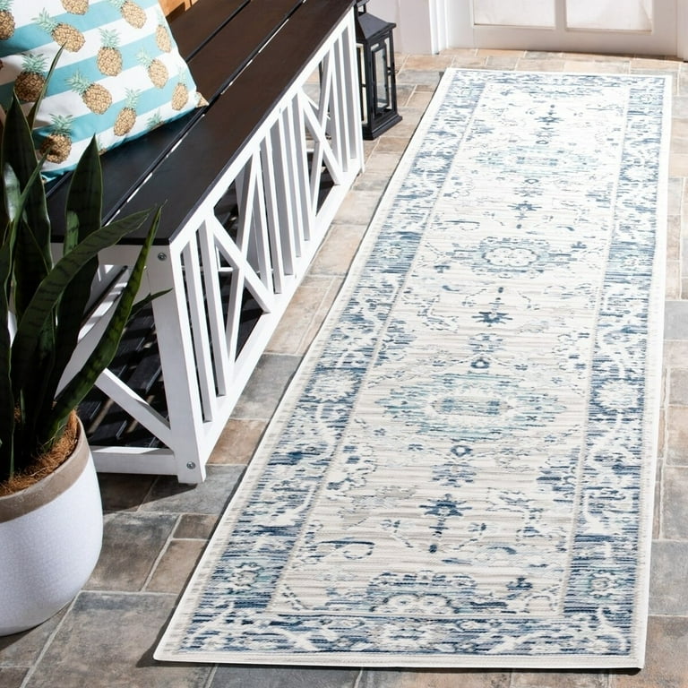 2' X 8' Ivory And Blue Floral Indoor Outdoor Area Rug 2' X 8' Ivory And Blue Floral Indoor Outdoor Area Rug