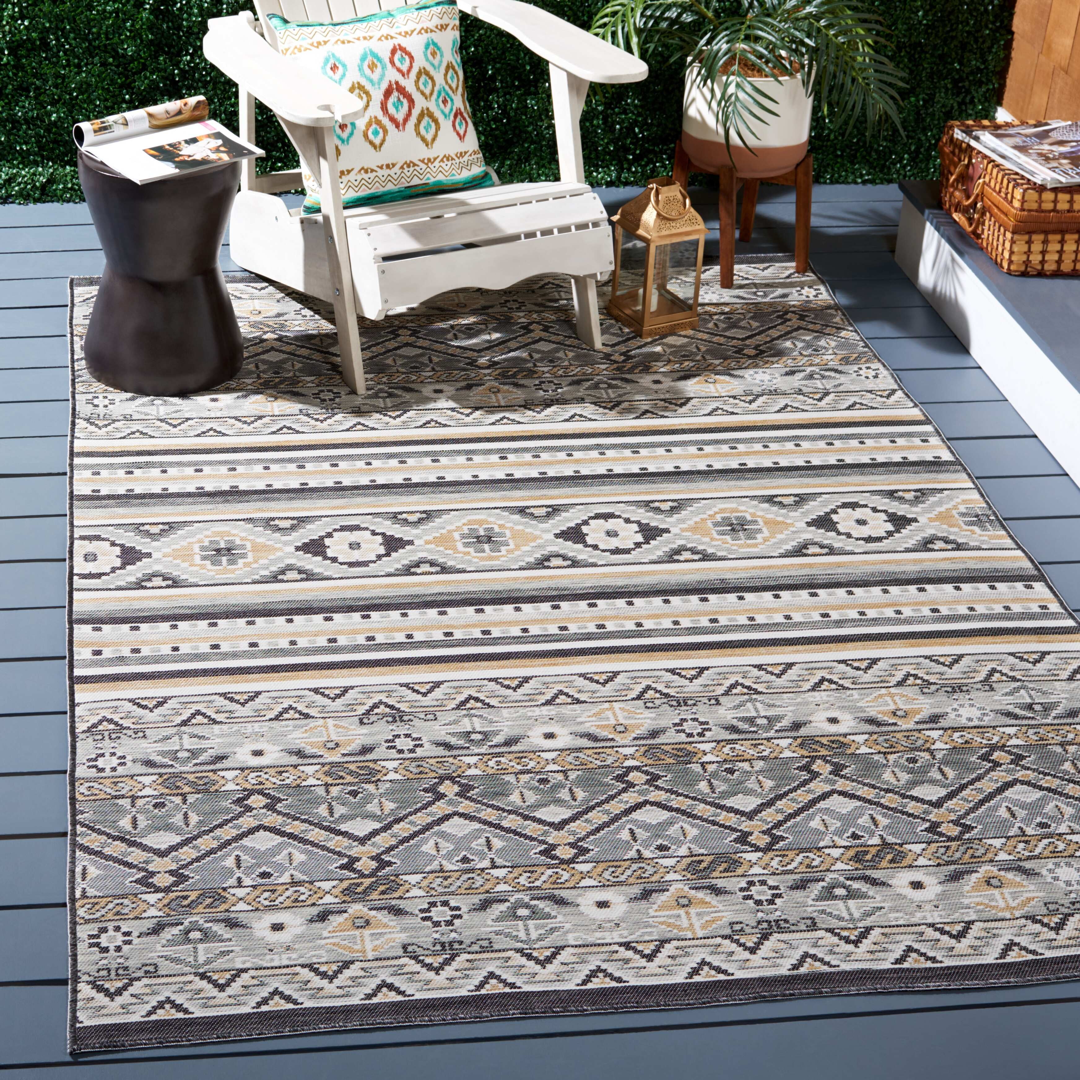 SAFAVIEH Sunrise Katie Floral Reversible Indoor/Outdoor Area Rug, Grey/Beige Black, 8' x 10'