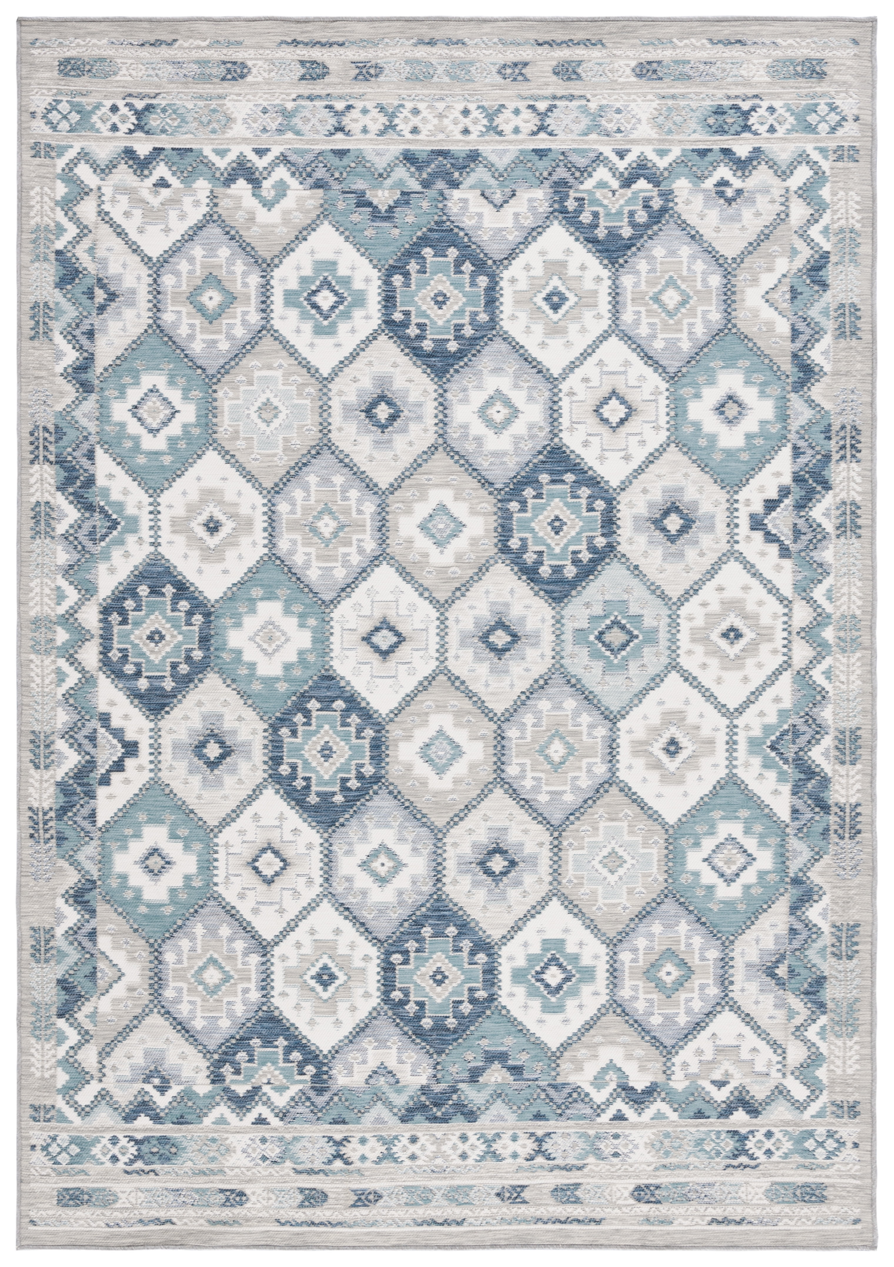 SAFAVIEH Sunrise Lara Geometric Reversible Indoor/Outdoor Area Rug, Grey/Blue Ivory, 4' x 5'7"