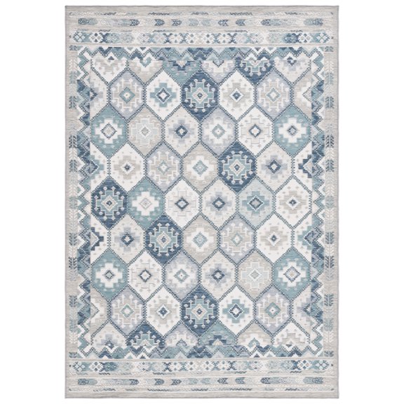 SAFAVIEH Sunrise Lara Geometric Reversible Indoor/Outdoor Area Rug, Grey/Blue Ivory, 4' x 5'7"
