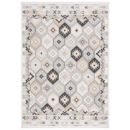 SAFAVIEH Sunrise Lara Geometric Reversible Indoor/Outdoor Area Rug, Ivory/Grey Black, 5'3" x 7'7"