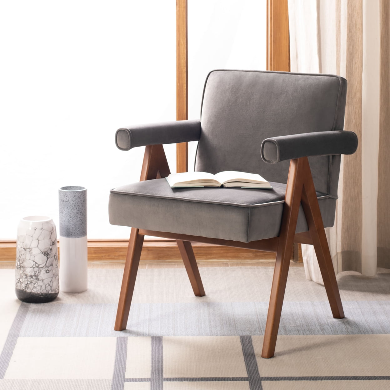 Dark Grey Velvet and Walnut Mid-Century Accent Chair