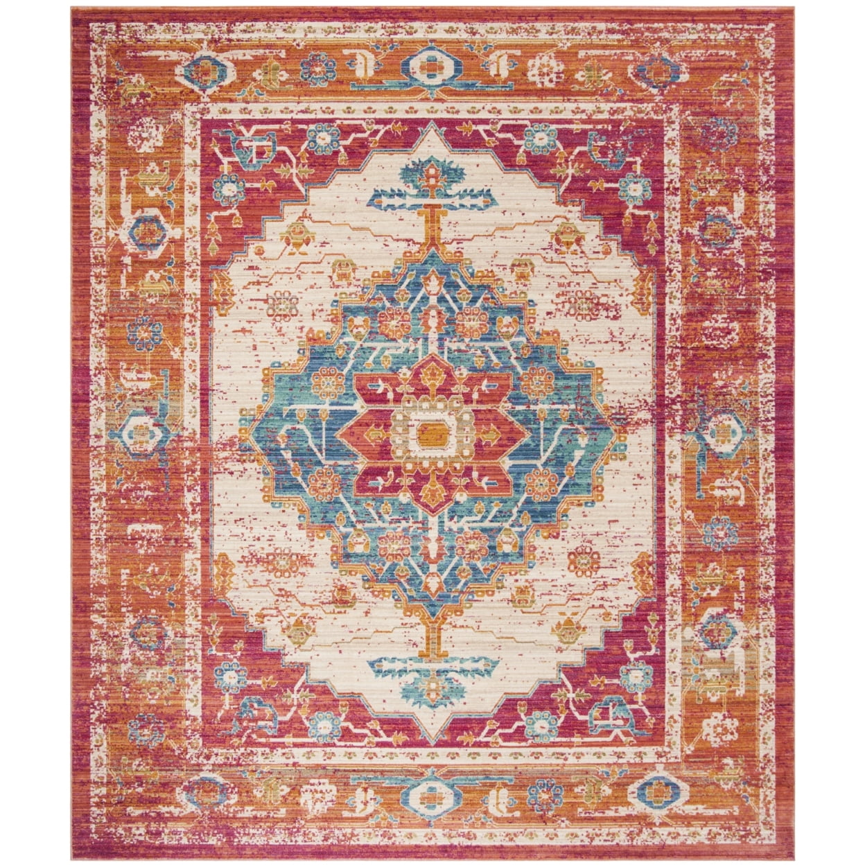 Ivory and Fuchsia Floral Medallion 5' x 7' Cotton Area Rug