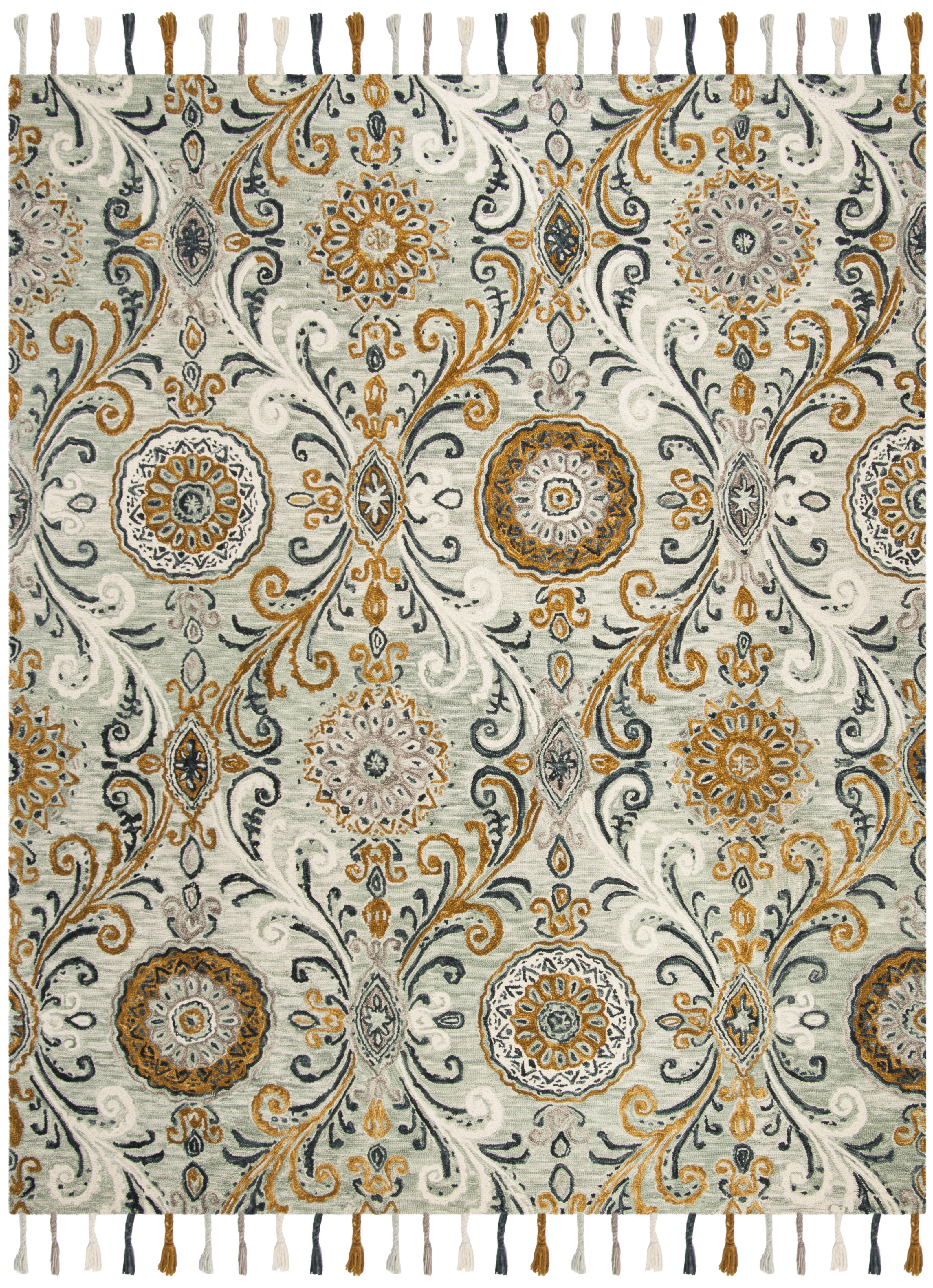 SAFAVIEH Suzani Bayon Medallion Wool Area Rug, Light Green/Ivory, 8' x 10'