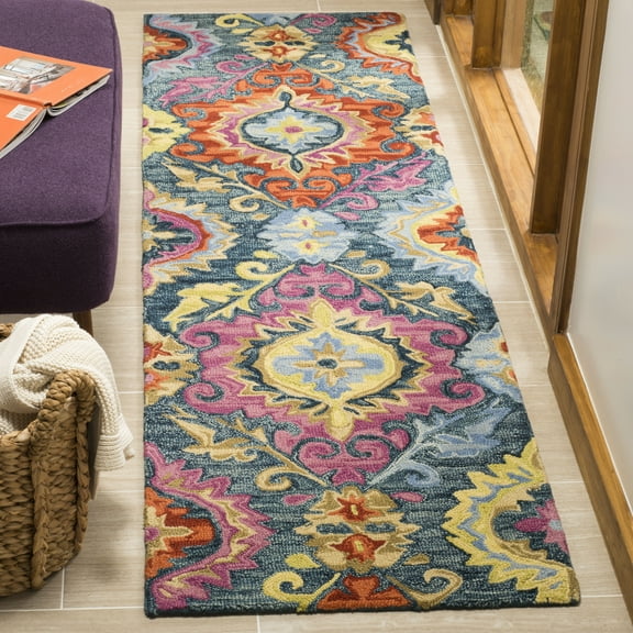 SAFAVIEH Suzani Dimitar Medallion Wool Runner Rug, Blue/Multi, 2'3" x 8'