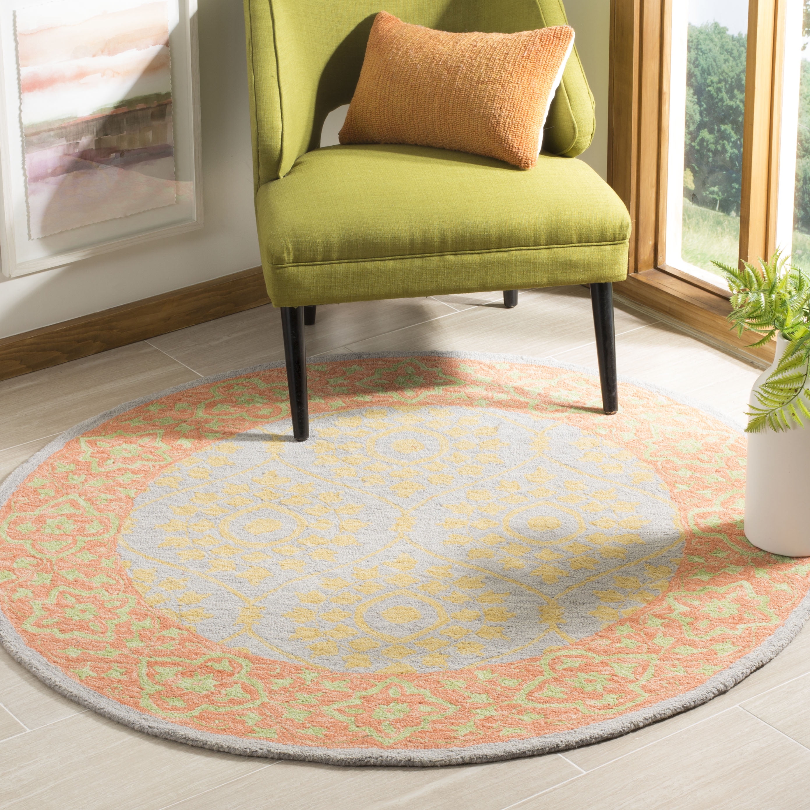 SAFAVIEH Suzani Endika Floral Bordered Area Rug, Orange/Silver, 5' x 5' Round