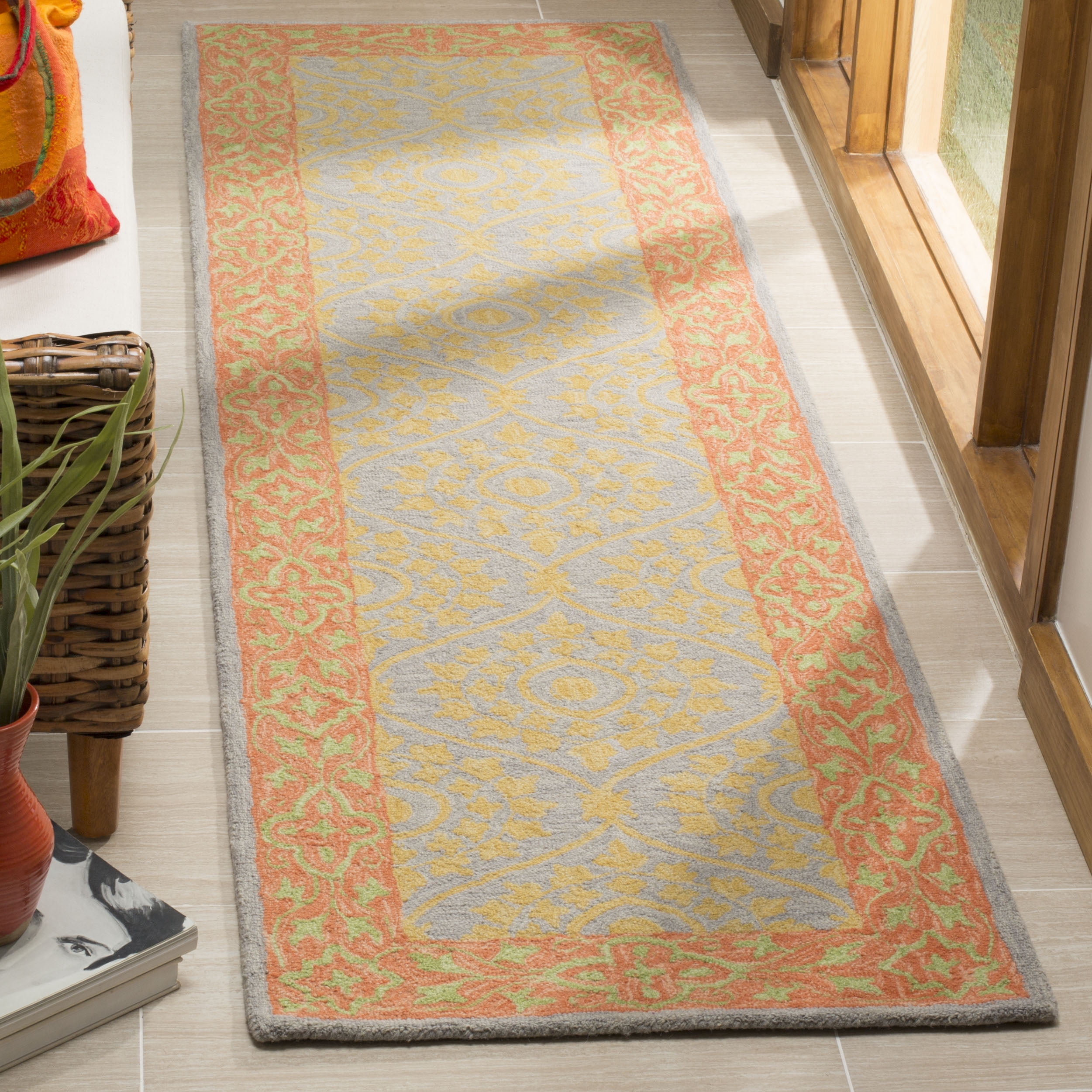 SAFAVIEH Suzani Endika Floral Bordered Runner Rug, Orange/Silver, 2'3" x 8'