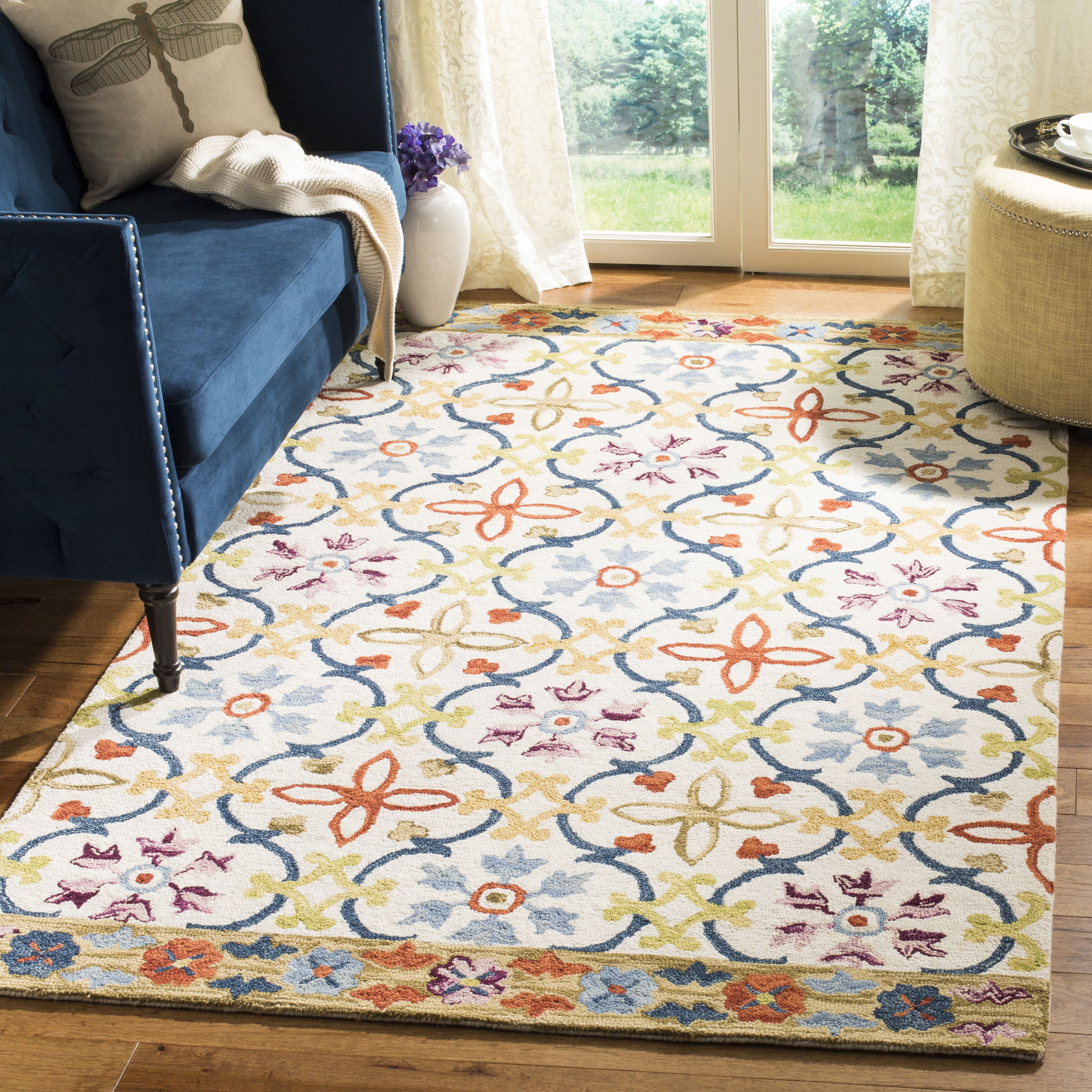 Ivory Multi Floral Hand-Knotted Wool 8' x 10' Rug