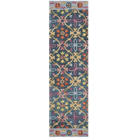 SAFAVIEH Suzani Ethelinda Geometric Swirls Wool Runner Rug, Blue/Multi, 2'3" x 8'