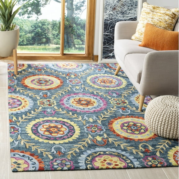SAFAVIEH Suzani Iskra Medallion Wool Area Rug, Blue/Multi, 5' x 8'