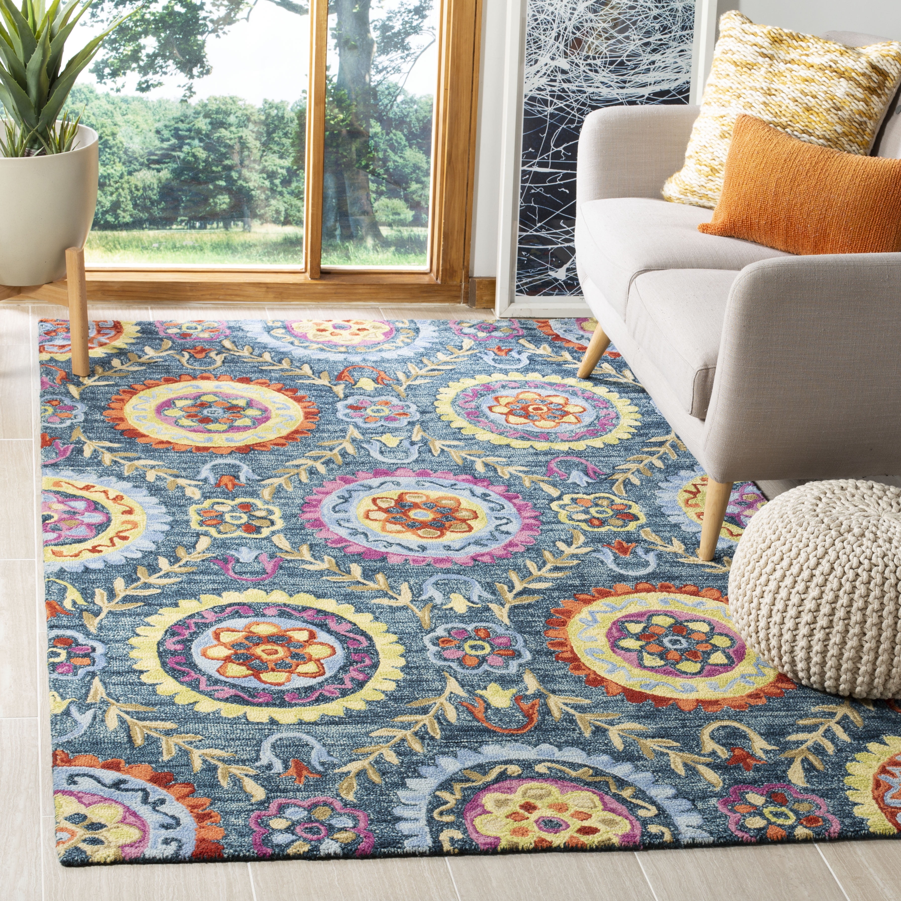Hand-Knotted Blue and Multicolor Floral Wool Area Rug, 8' x 10'