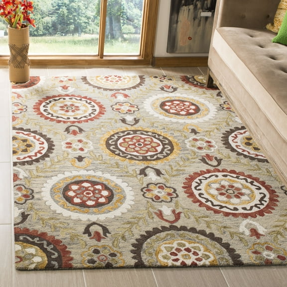 SAFAVIEH Suzani Iskra Medallion Wool Area Rug, Grey/Multi, 3' x 5'