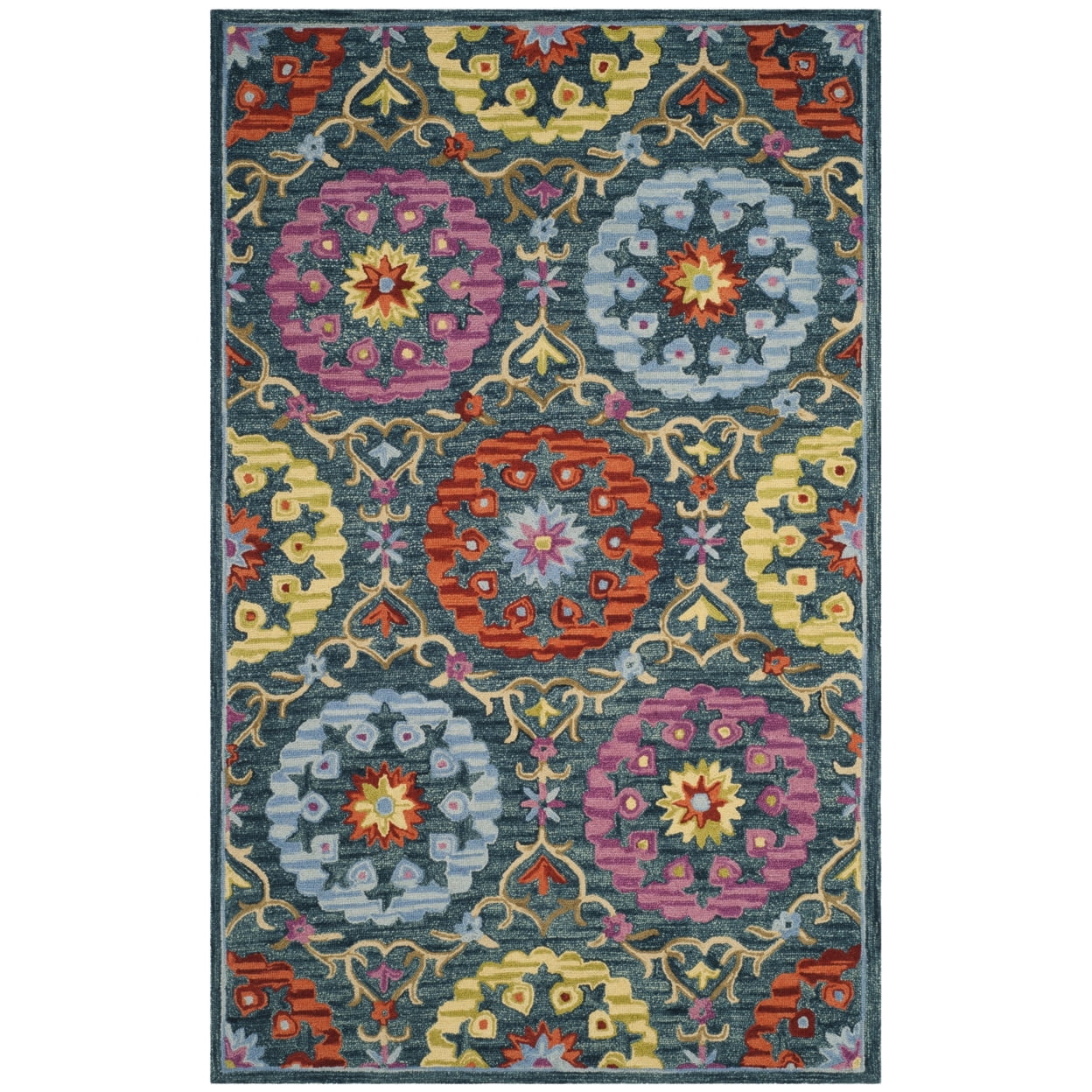 Handmade Blue Floral Wool 5' x 8' Area Rug