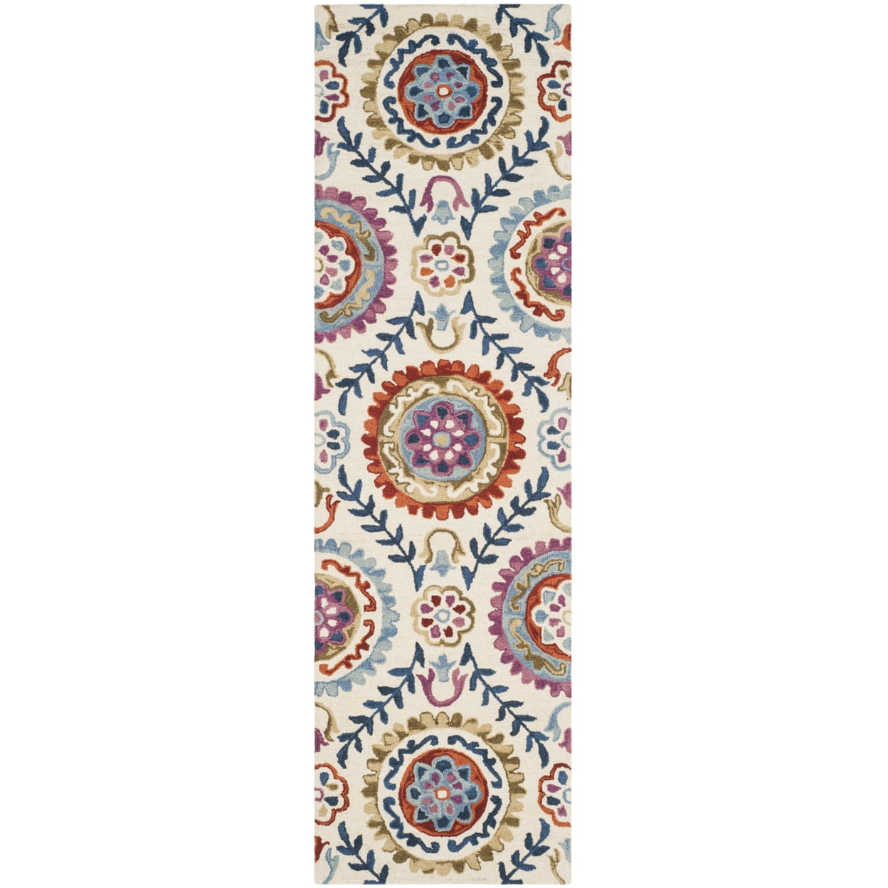 Handmade Ivory Wool Runner Rug with Colorful Medallions
