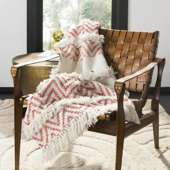 SAFAVIEH Sydney 50" x 60" Braided Chevron Fringe Throw, 50" x 60", Orange/White