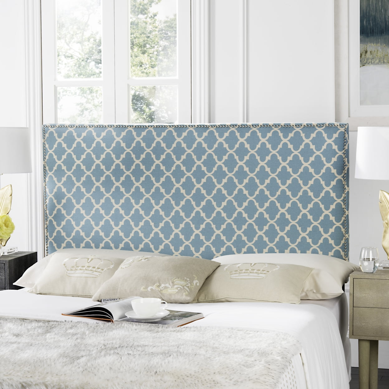 Blue and White Upholstered Queen Headboard with Silver Nail Trim