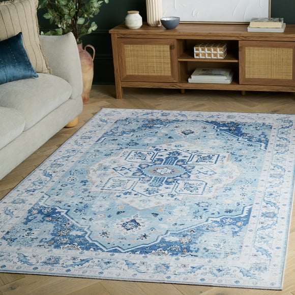 SAFAVIEH Arizona Thames Oriental Machine Washable Area Rug, Light Blue/Blue, 5' x 7'