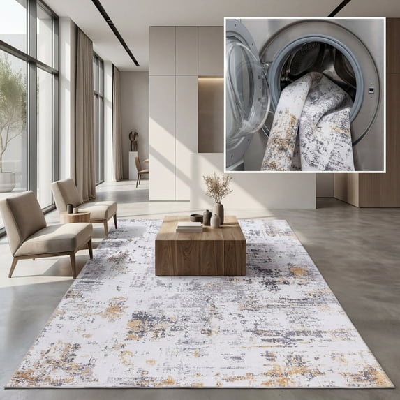 SAFAVIEH Tacoma Braiden Abstract Machine Washable Area Rug, Grey/Gold, 8' x 8' Square