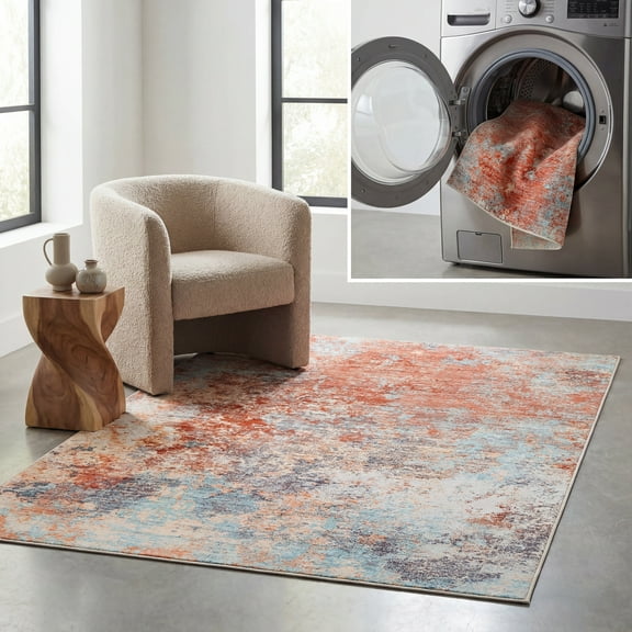 SAFAVIEH Tacoma Brian Abstract Machine Washable Area Rug, Rust/Aqua, 3' x 5'