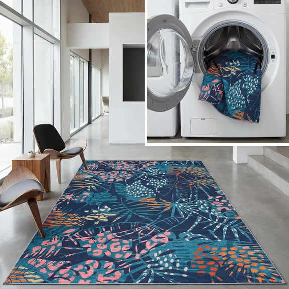 SAFAVIEH Tacoma Brittania Floral Machine Washable Area Rug, Navy/Green, 3' x 5'