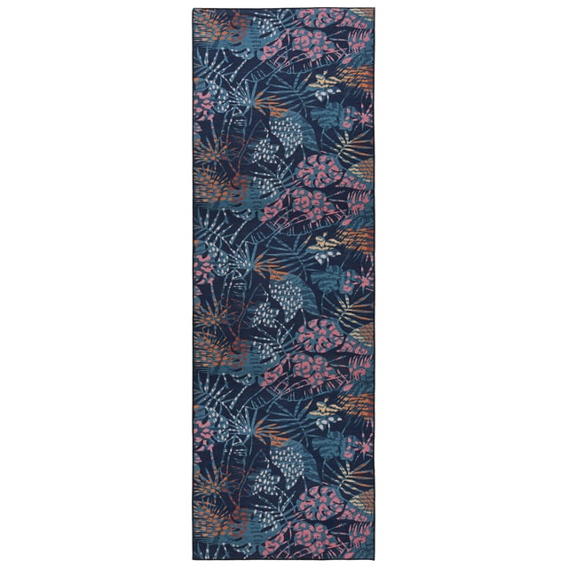SAFAVIEH Tacoma Brittania Floral Machine Washable Runner Rug, Navy/Green, 2'6" x 8'