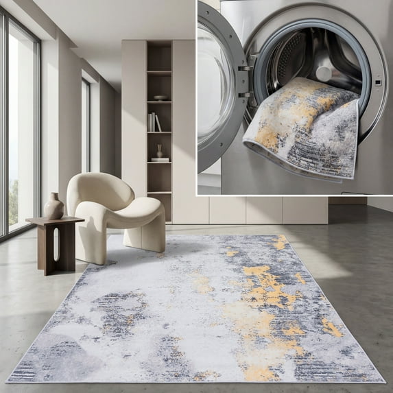 SAFAVIEH Tacoma Eliot Traditional Machine Washable Area Rug, Grey/Gold, 9' x 12'