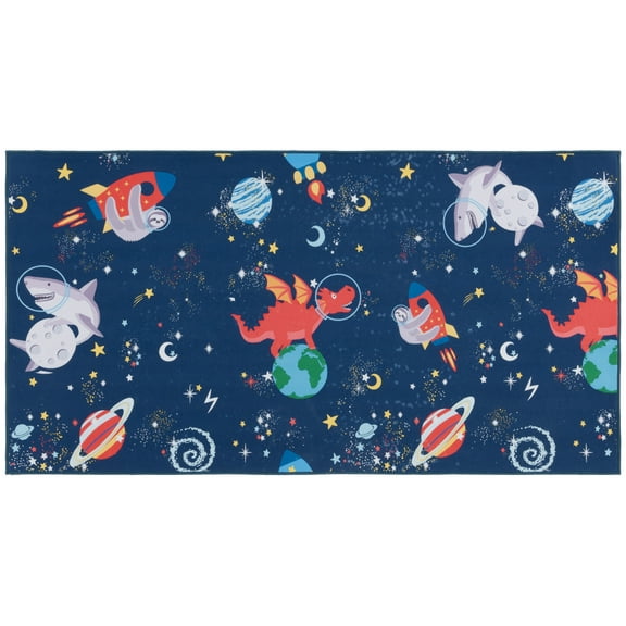 SAFAVIEH Tacoma Kids Dragons and Sharks in Space Area Rug, Navy/Rust, 4' x 6'