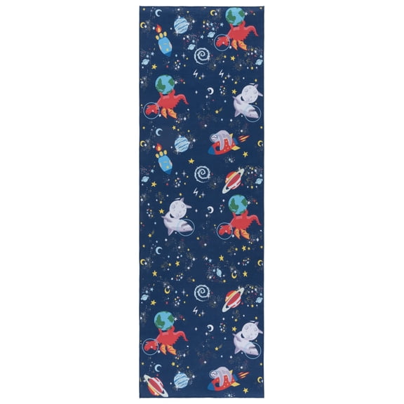 SAFAVIEH Tacoma Kids Dragons and Sharks in Space Runner Rug, Navy/Rust, 2'6" x 8'