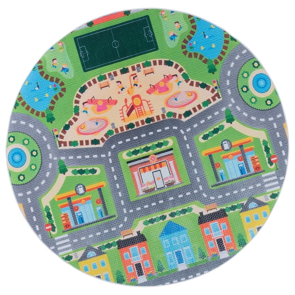 SAFAVIEH Tacoma Kids Neighborhood with Playground Area Rug, Gray/Green, 5' x 5' Round