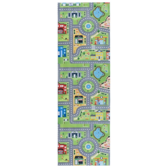 SAFAVIEH Tacoma Kids Neighborhood with Playground Runner Rug, Gray/Green, 2'6" x 8'