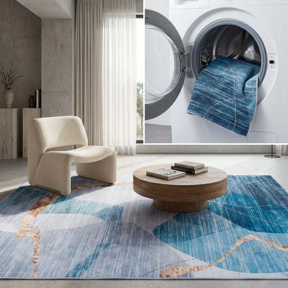SAFAVIEH Tacoma Leon Abstract Machine Washable Area Rug, Blue/Gold, 2'6" x 4'