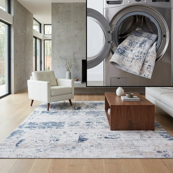 SAFAVIEH Tacoma Marlyne Abstract Machine Washable Area Rug, Beige/Blue, 6' x 6' Square