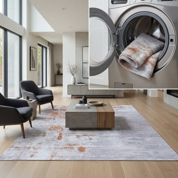 SAFAVIEH Tacoma Neasa Traditional Machine Washable Area Rug, Grey/Rust, 4' x 6'