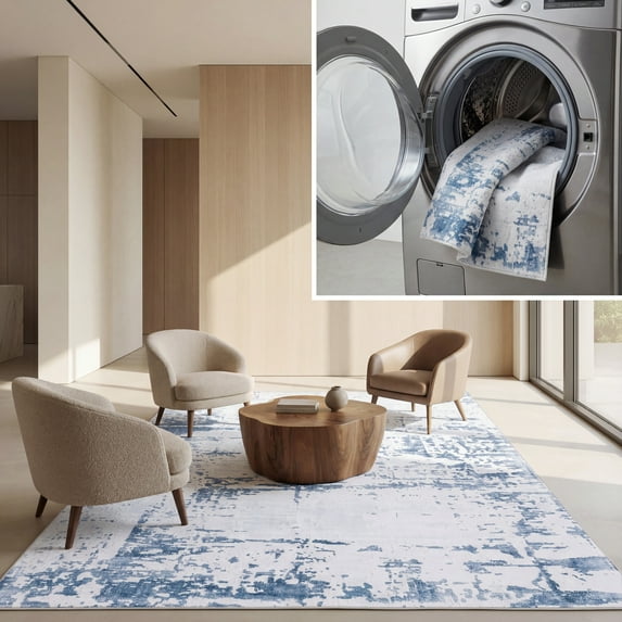 SAFAVIEH Tacoma Orlando Traditional Machine Washable Area Rug, Grey/Navy, 6' x 9'