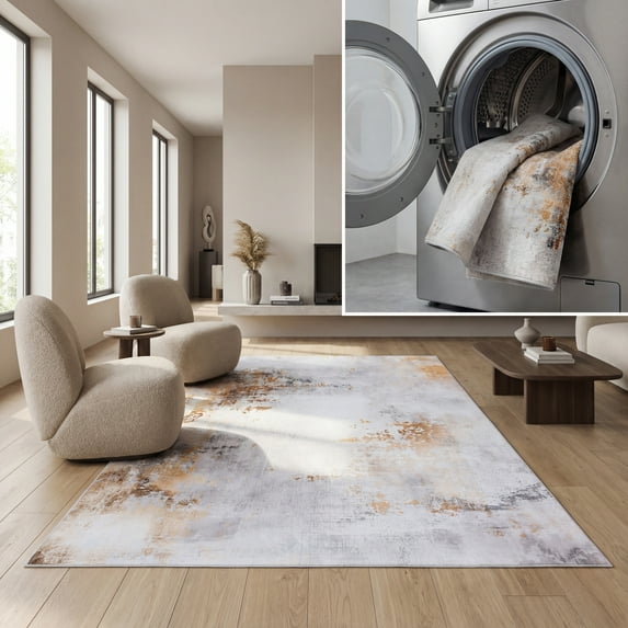 SAFAVIEH Tacoma Robert Traditional Machine Washable Area Rug, Grey/Gold, 4' x 6'