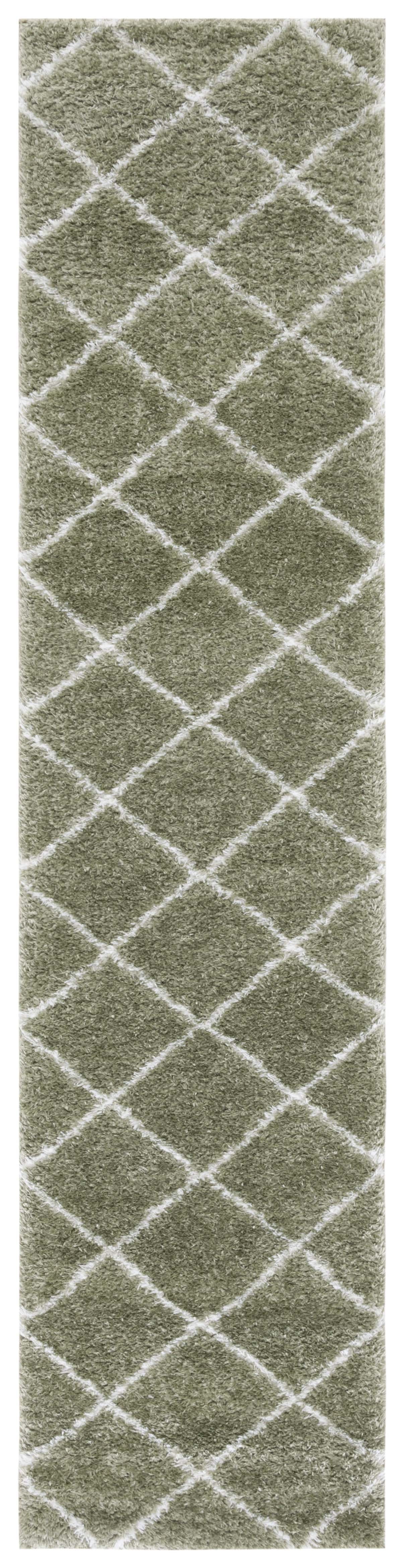 Sage and White Geometric Shag Runner Rug, 2' x 9'