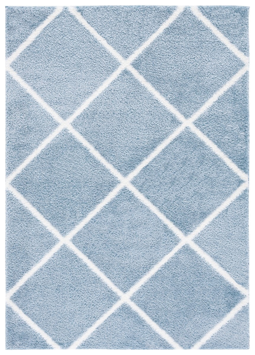 Blue and White Geometric Shag Rectangular Area Rug 4' x 6'