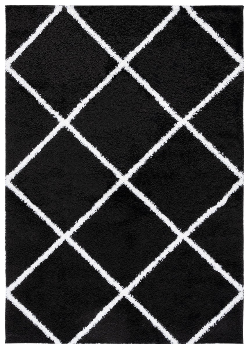 Black and White Geometric Shag 9' x 12' Synthetic Area Rug