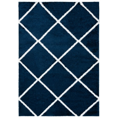SAFAVIEH Tahoe Elwyn Trellis Shag Area Rug, 9' x 12', Navy/White