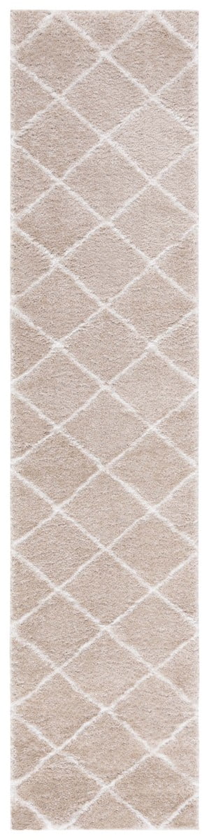 Beige and White Geometric Shag Runner Rug 2' x 9'