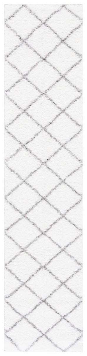 White and Gray Geometric Shag Runner Rug, 2' x 9'