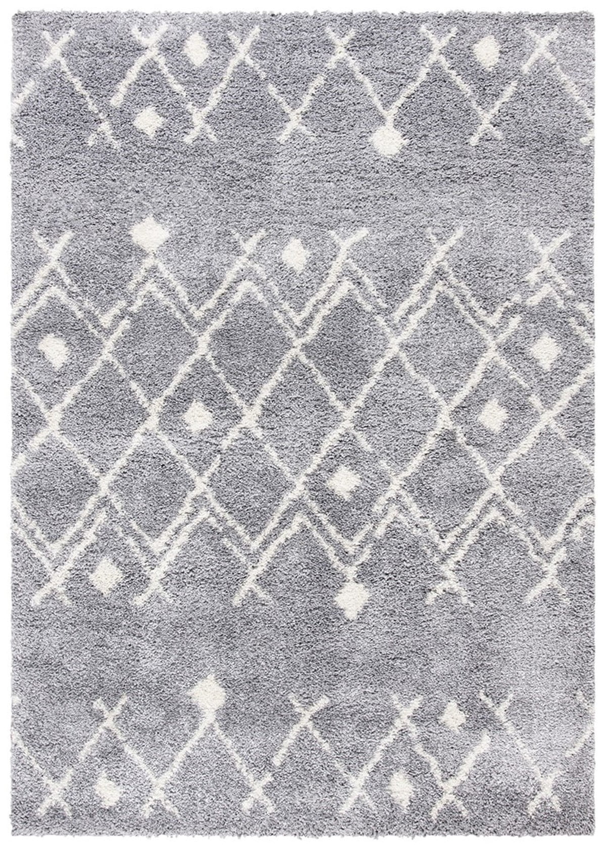 Gray Geometric Hand-knotted Shag Rug, 5' x 7'