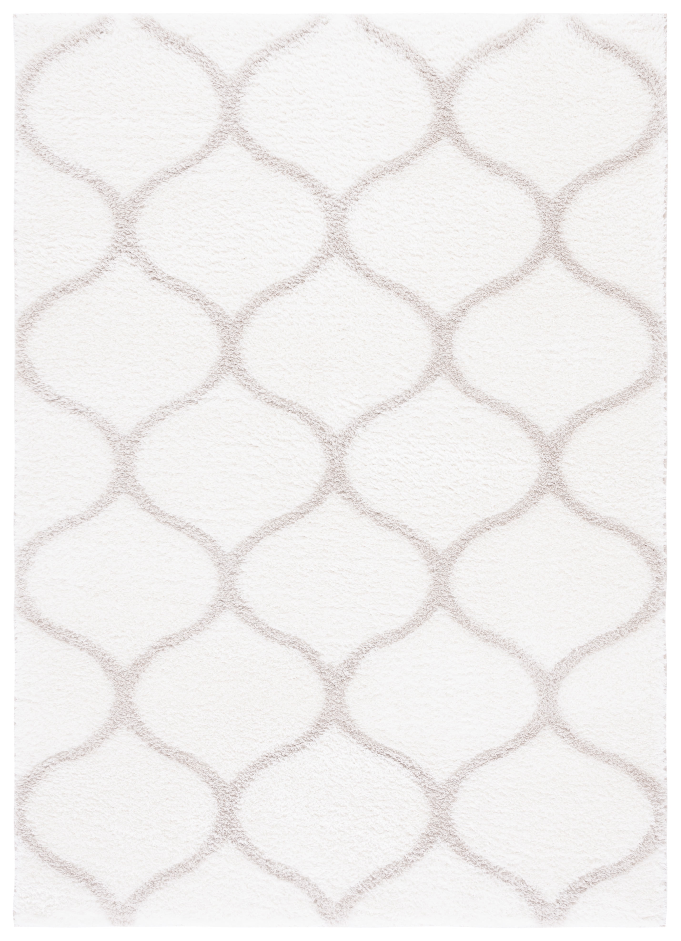 Hand-Knotted White and Silver Geometric Shag Rug, 6'7" x 8'7"
