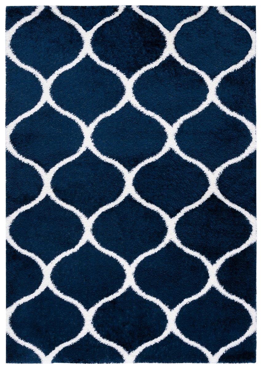 Navy and White 8' x 10' Geometric Shag Area Rug