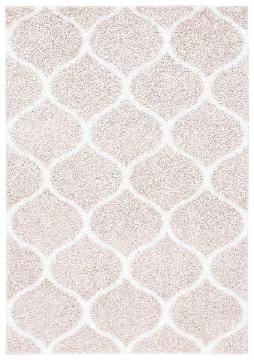 Beige and White Geometric Shag Area Rug, 9' x 12'