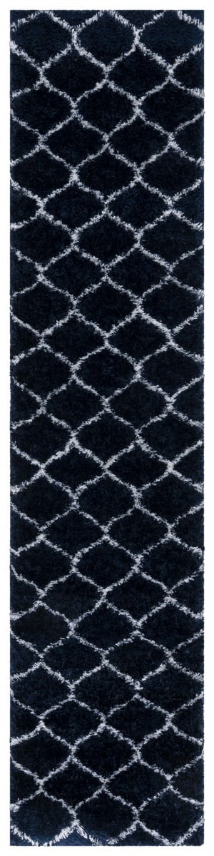 Navy and White Geometric Shag Runner Rug 2' x 9'