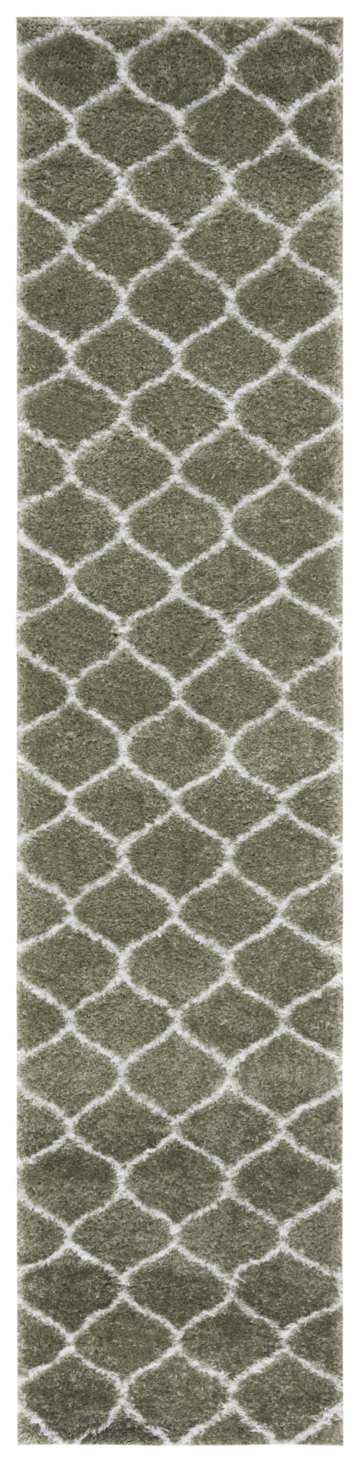 Sage and White Geometric Shag Runner Rug 2' x 9'